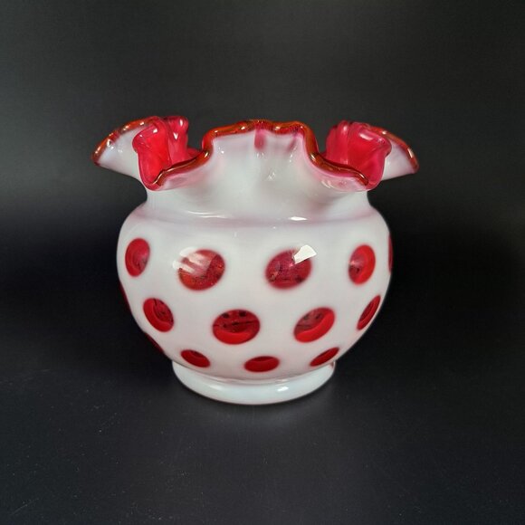 Fenton Coin Dot Cranberry Ruffled Glass Vase Vintage - Picture 3 of 10